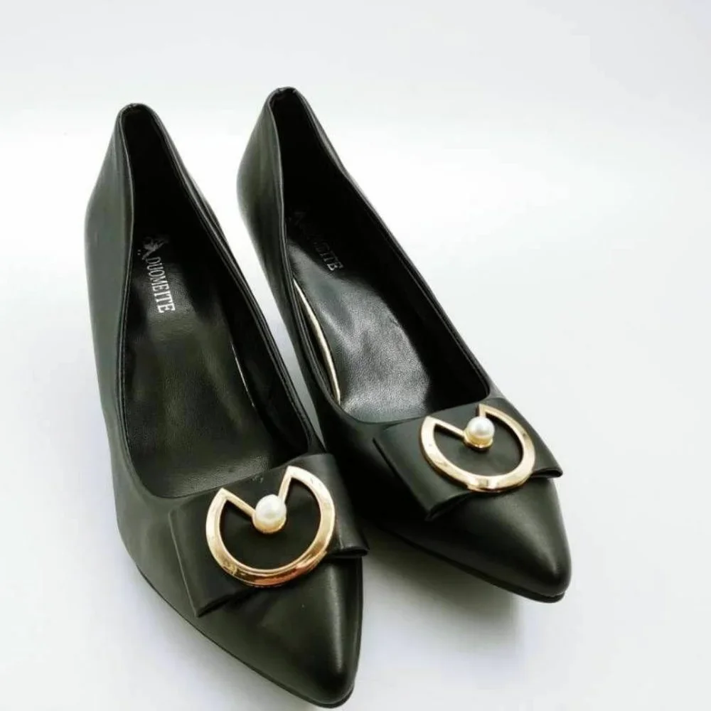 Black Pointed Toe Pumps with Gold Ring & Pearl Accent